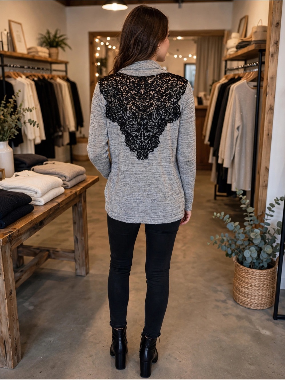 Tempted Gray Lace-Back Open Cardigan Size S - Boho Peplum Drape - Picture 4 of 5